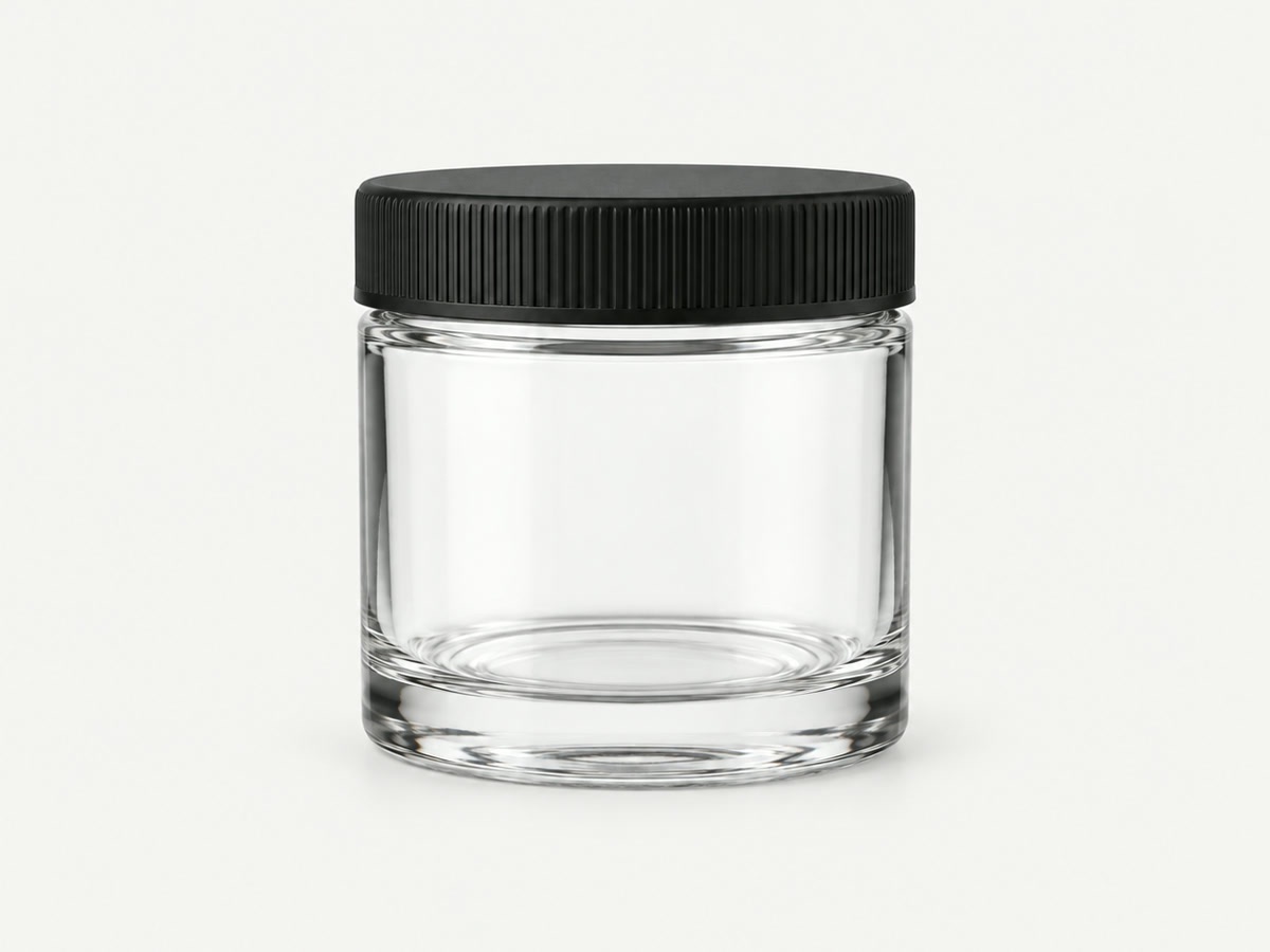 Clear glass child-resistant jar with matte black CR lid