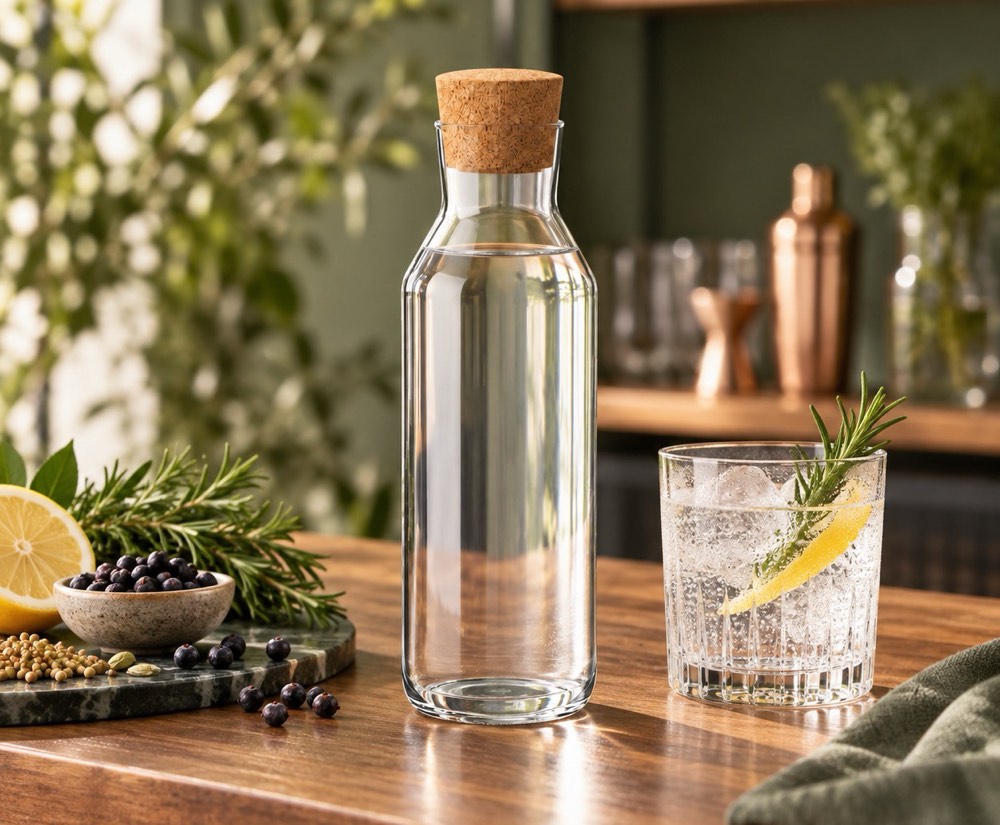 Clear glass gin bottle with cork stopper on a bar counter — custom glass packaging from Xuzhou, China