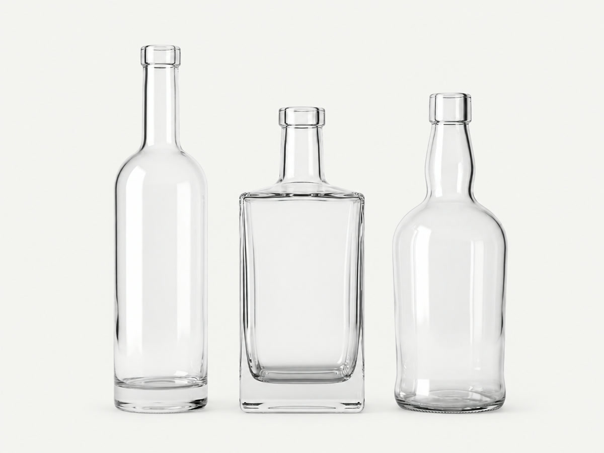 Clear glass bottles on a white background — custom glass packaging from Xuzhou, China