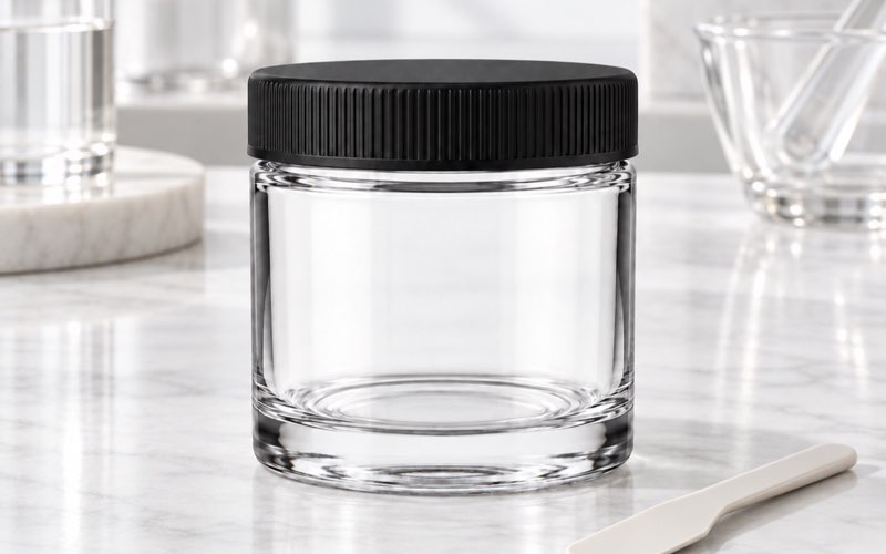 Clear glass child-resistant jar with matte black CR lid