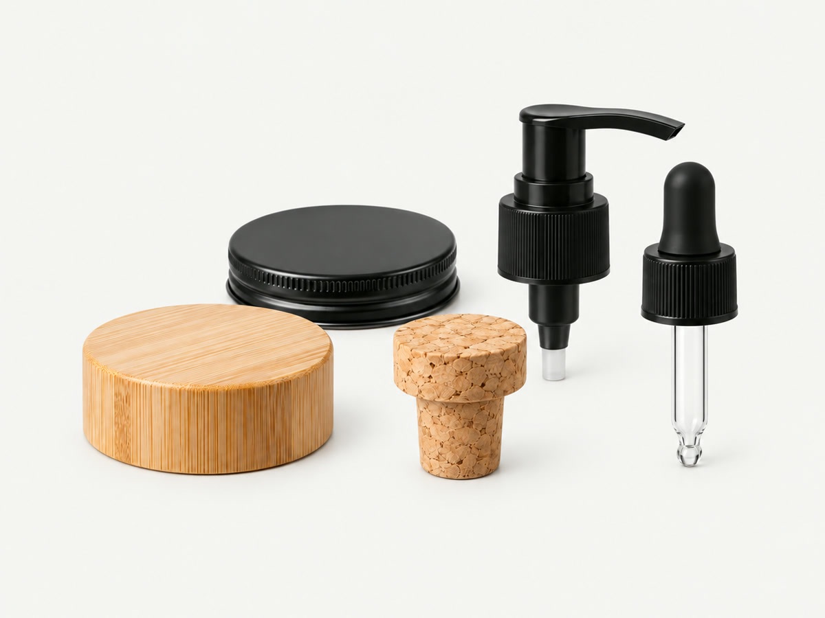 Bamboo and metal jar lids, cork, lotion pump and dropper closures